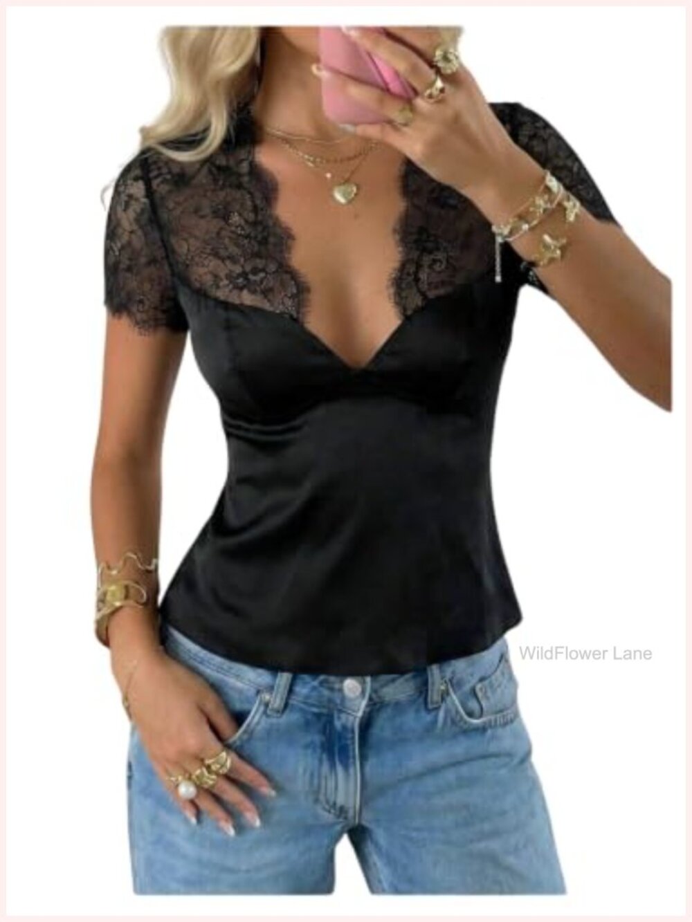 Satin Lace V Neck Short Sleeve Bustier Top Going Out Blouse